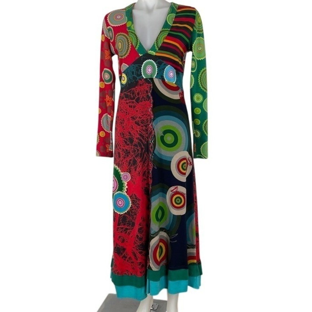 Desigual Abstract Maxi Dress Long Sleeve V Neck Fit Flare Retro Art Boho Large